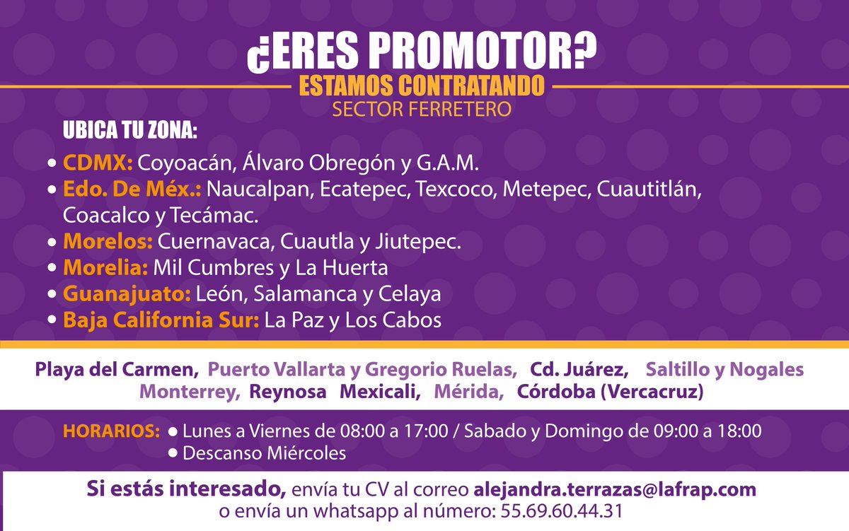 Lafrap_Mexico's tweet photo. ¿Eres promotor con experiencia en el sector ferretero? Envíanos tu CV. ¡Tenemos #vacantes disponibles!
 #CDMX #estadodemexico #México https://t.co/2nLTYQiLc4
