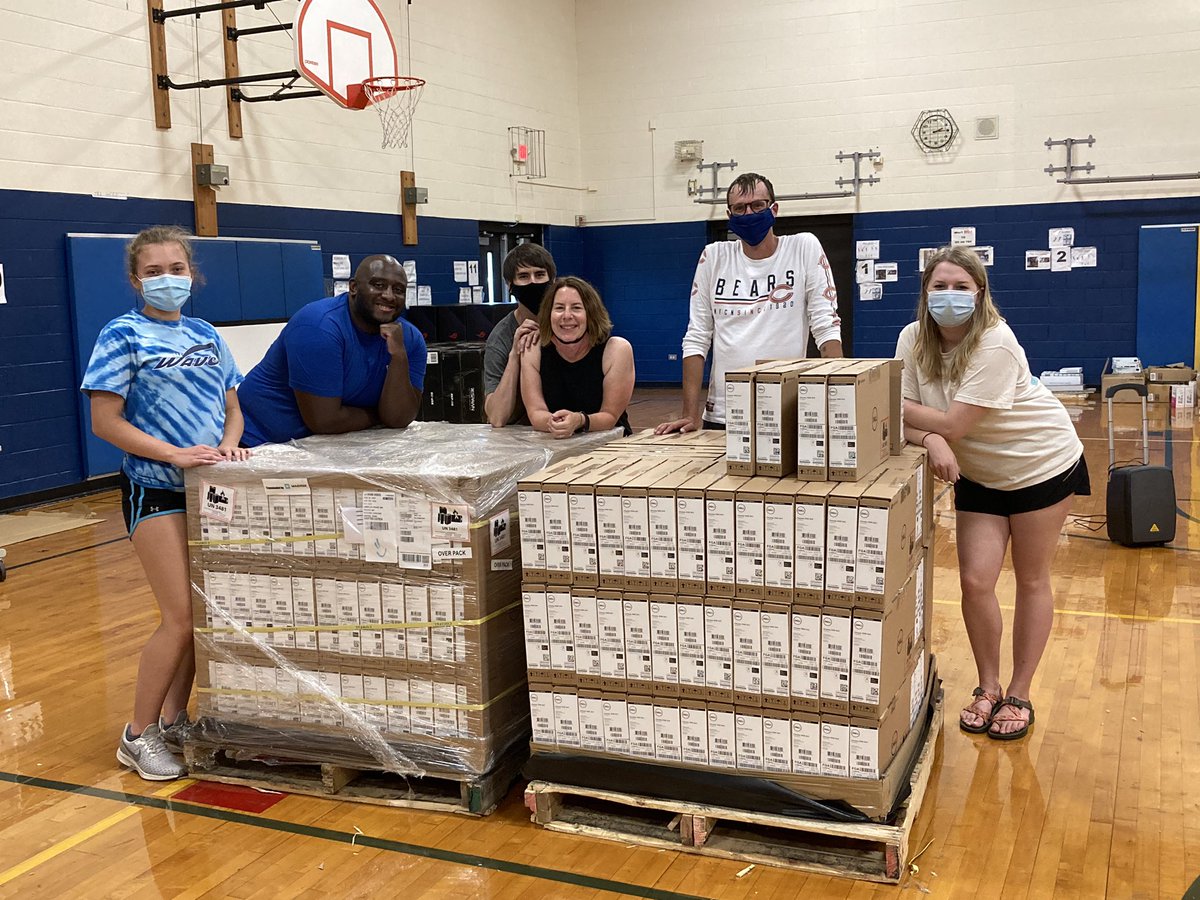 Unpacking new chrombooks for 2020-2021.  About 14 pallets to unpack! At Jefferson luckily in the air conditioning. I’m taking the picture Hahahaha