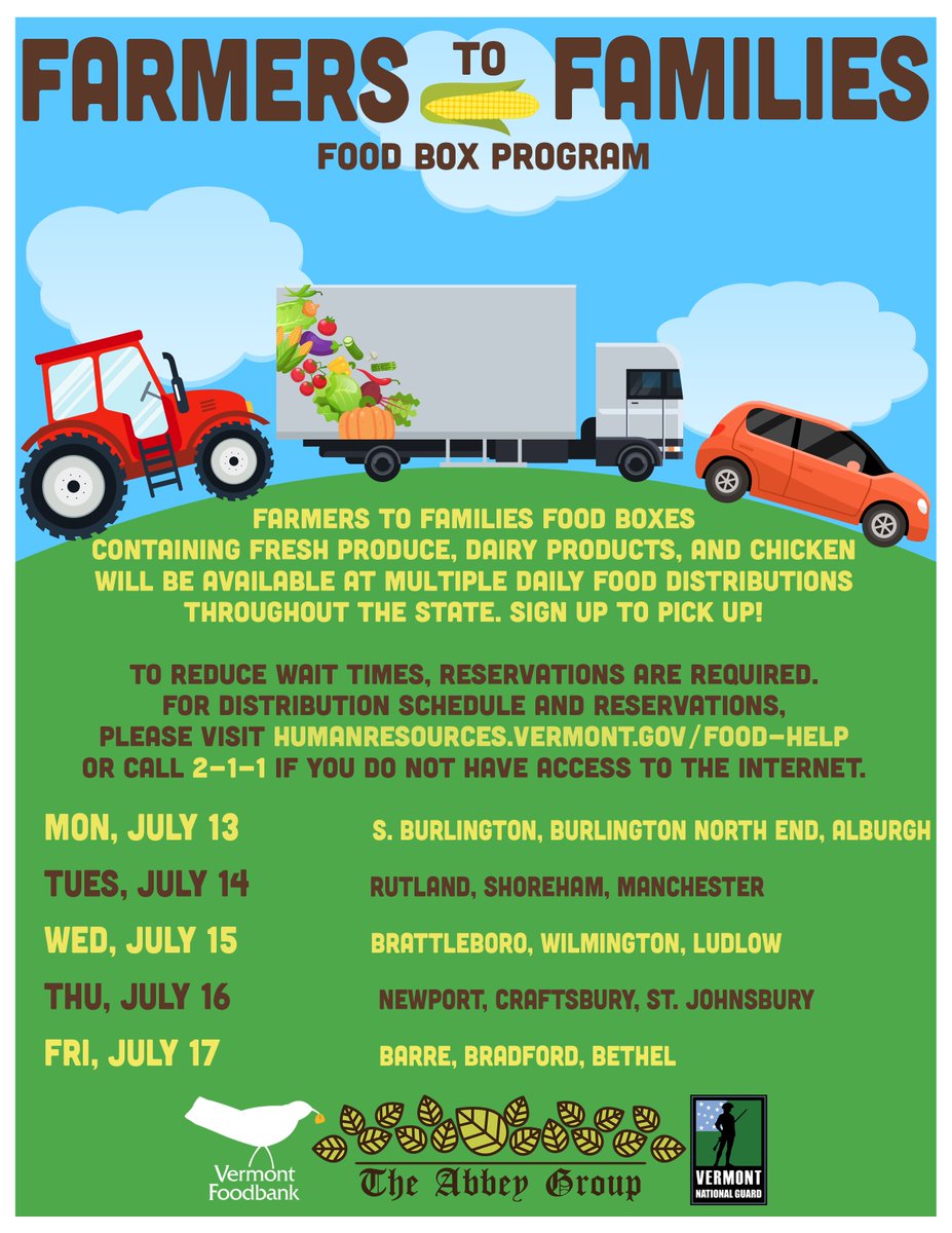 FoodBoxAbbeyVT's tweet photo. #Vermont #FarmerstoFamilies info for July is attached. Boxes will be available @ partner orgs &amp; smaller food distributions across all VT counties! Aug dates to be added soon. Reserve by 4pm the day prior. To register &amp; see dates/locations: https://t.co/oSdxUOQjdF or call 2-1-1. https://t.co/5Or61hcbnS