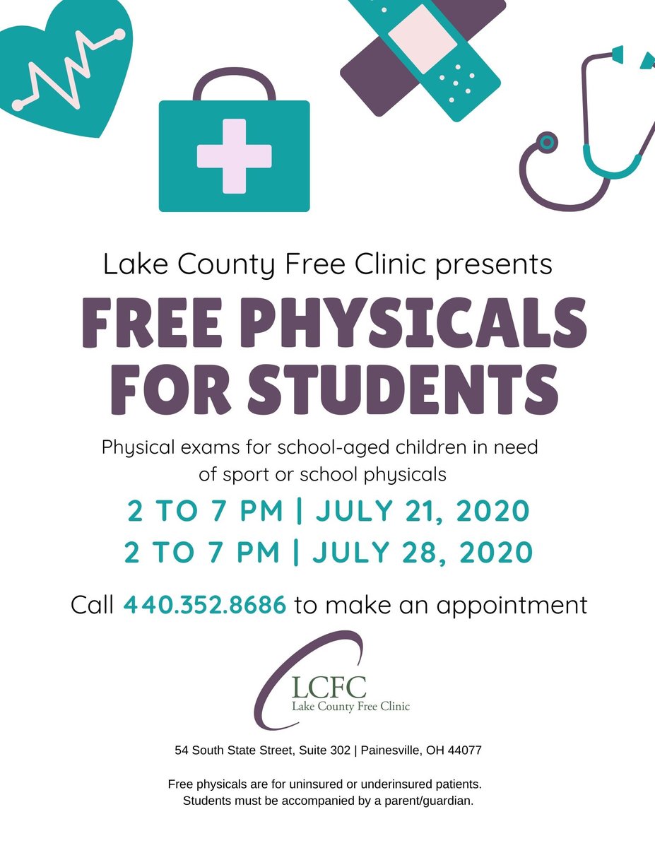 Free physical exams for school-aged children in need of sports or school physicals taking place on July 21 and 28 from 2-7 PM located at the Lake County Free Clinic.  See additional details in the attachment.