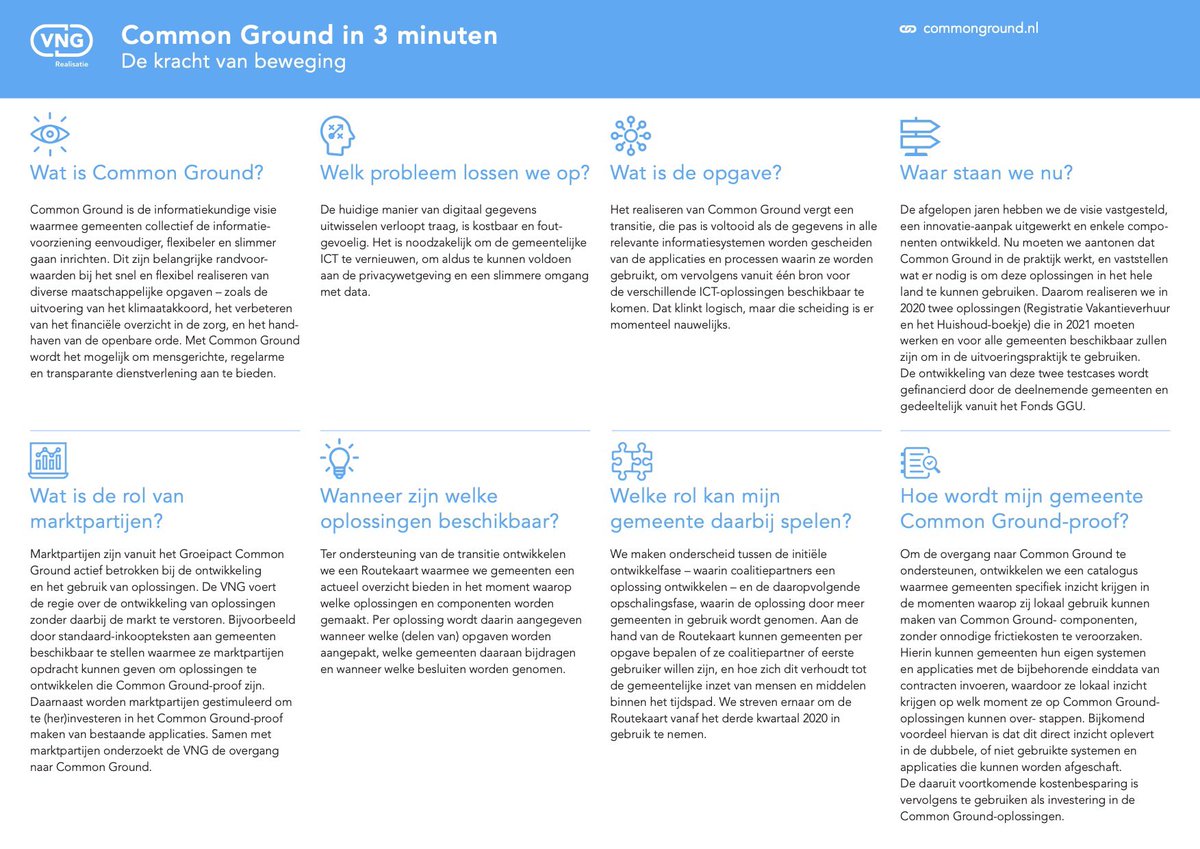 ArneHout's tweet photo. Common ground in 3 minuten!
De informatievoorziening van gemeenten moet eenvoudiger, sneller en slimmer. Weten hoe we gegevens beter gaan beschermen? Hoe we meer wendbaar worden door slim gebruik? Over 3 minuten (na lezing van dit pamflet) ben je zover!
⁦⁦@VNGRealisatie⁩ https://t.co/RUBgT2jenO