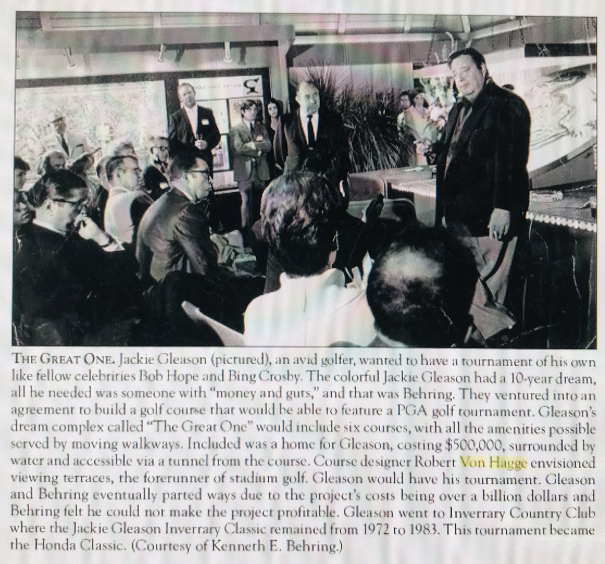 vhsbgolf's tweet photo. #ThrowbackThursday - Robert told the story about designing a stadium style golf - “The Great One” (even before TPC courses were a thing).  But, Robert was not above embellishing a story. Great find today - puts the story in context. Big men/big plans! https://t.co/a6xmur9qBe