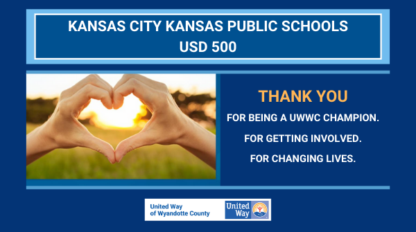 UnitedWayWyCo's tweet photo. Today, we give a shout out of special thanks to Kansas City Kansas Public Schools-USD500. Thank you for saying ‘YES�� to changing lives in our community, during the campaign and every day!  @kckschools https://t.co/umUKiCs5lj