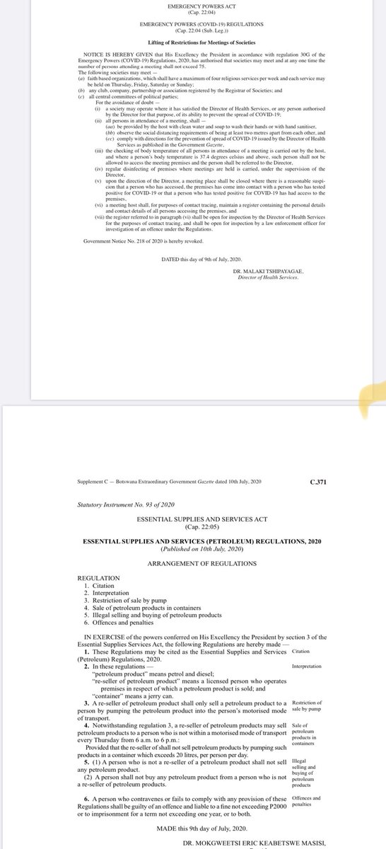 The law you need to know. Churches can now have 75 people attending. Societies and political parties central committees can meet. I don’t see the P250 fuel limit though.