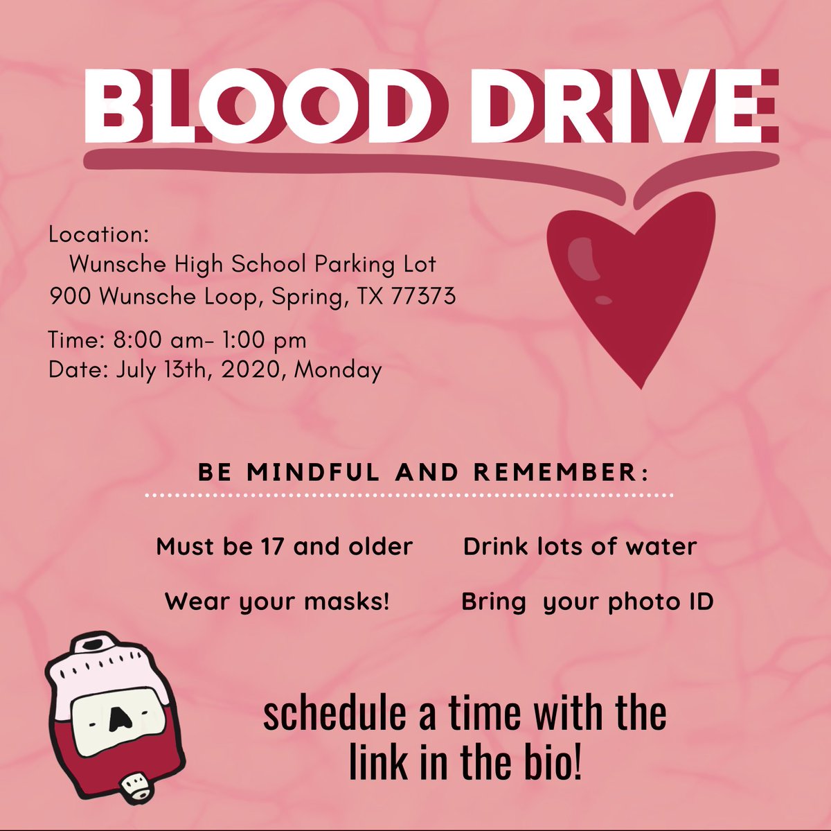CarlWunscheHOSA's tweet photo. Hey everyone! There will be a blood drive at our school’s parking lot on Monday next week. If you would like to donate blood, use the link below to schedule a time frame and remember to read the requirements! https://t.co/ayWl3EOt3h