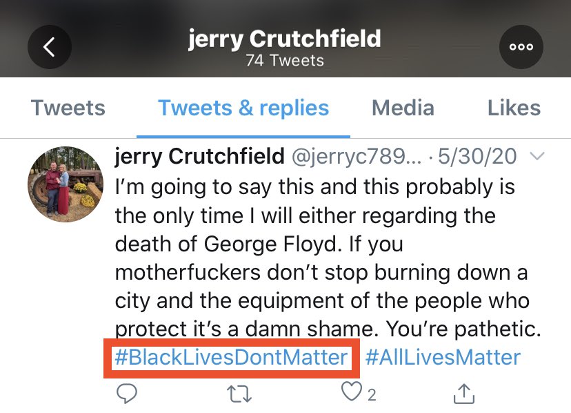 Jerry Crutchfield also posts that “Black Lives Don’t Matter.”