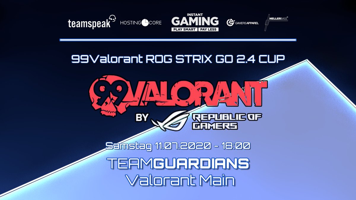 +++ Team Guardians Valorant Main - <a href="/99VALORANT/">99VALORANT</a> ROG Strix Cup +++

Am Samstag findet für unser #MainTeam der erste 99Valorant Cup by <a href="/ASUS_ROG/">ROG Global</a> statt.

Wann: Samstag 11.07. - 18:00

#teamguardians #guardax #valorant <a href="/teamspeak/">TeamSpeak</a> <a href="/InstantGamingDE/">Instant Gaming</a> <a href="/GamersApparel/">Gamers Apparel</a> #asus #competetive