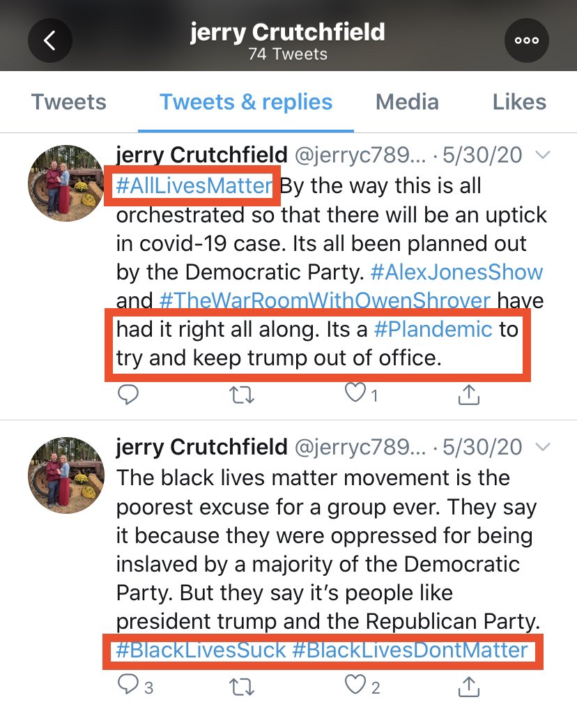 Jerry Crutchfield is an Alex Jones fan and, despite being entrusted as a first responder, believes the uptick in  #COVIDー19 is a conspiracy against Trump.Jerry also posted “Black Lives Suck” and again posted “Black Lives Don’t Matter.”