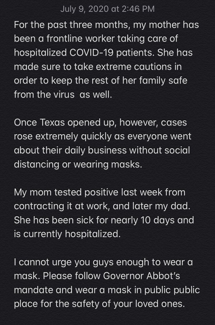 poojiepoo's tweet photo. To my fellow Texans  
please let this be your wake up call #WearADamnMask https://t.co/3ptWF6qPtF
