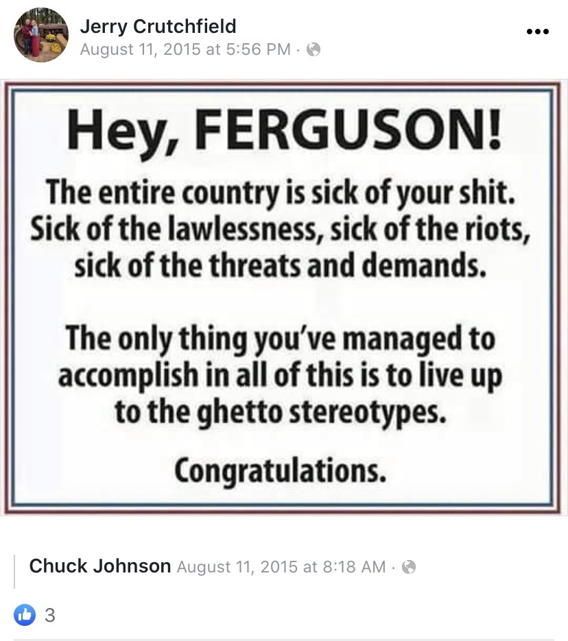 Jerry Crutchfield, who works at  @NEFC4, wanted to start “White Lives Matter” and “Straight Lives Matter” movements.Jerry also was against the Ferguson protests posting the protesters did “live up to the ghetto stereotypes.”