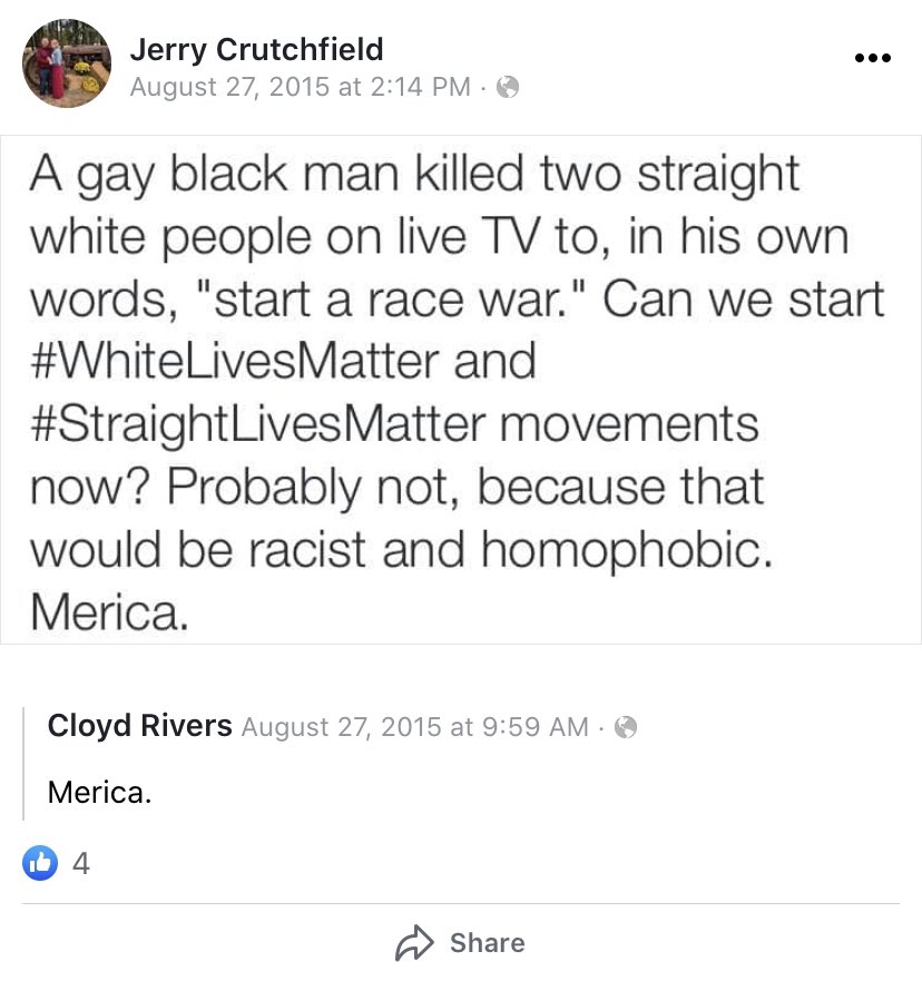 Jerry Crutchfield, who works at  @NEFC4, wanted to start “White Lives Matter” and “Straight Lives Matter” movements.Jerry also was against the Ferguson protests posting the protesters did “live up to the ghetto stereotypes.”