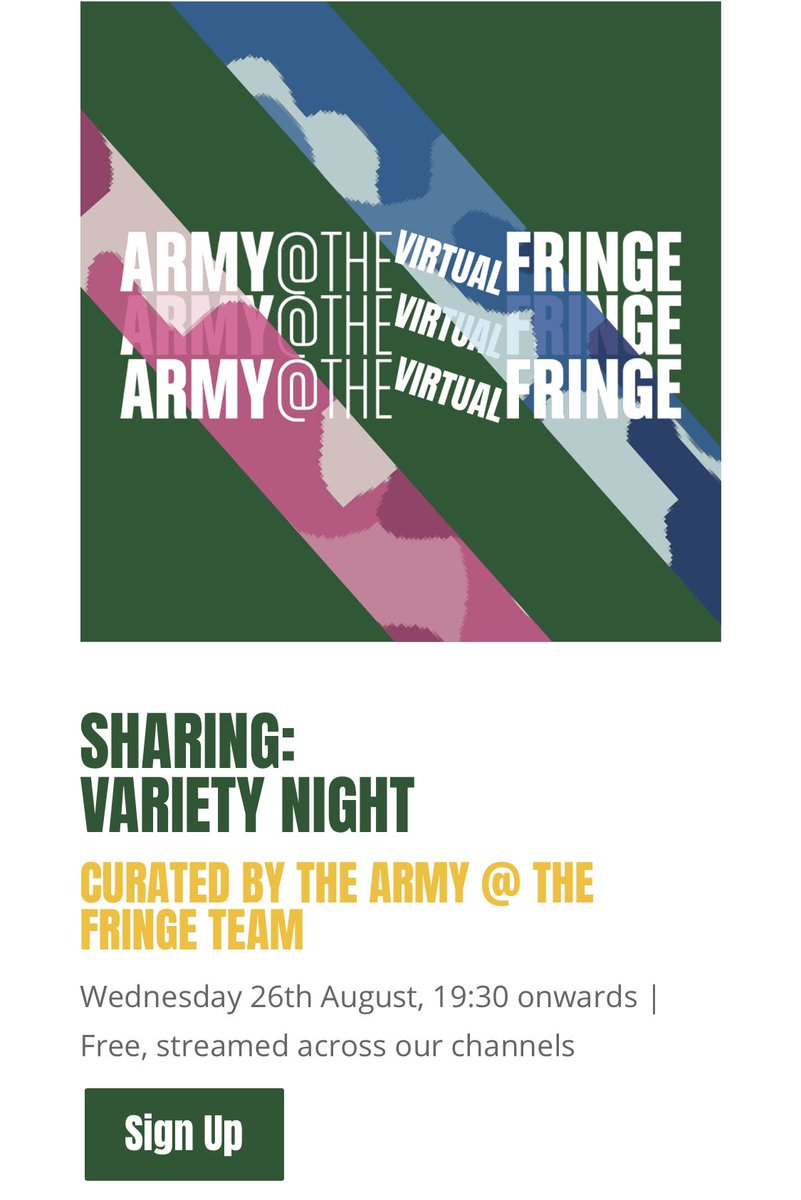 Army_Arts's tweet photo. Calling comedians, magicians, singers, actors, musicians - it’s Variety Night!
@ArmyatTheFringe needs YOU! 
Our penultimate night = Variety Night. Send your video of around 5 mins to hello@armyatthefringe.org 
to take part.
@ArmyCadetsUK @ANVAM310 @SoldiersArtsA @AITAF https://t.co/PJ7L6TaA28