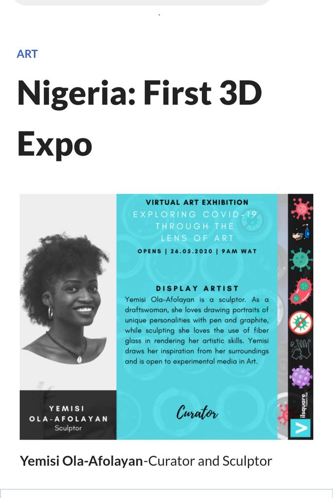 100WomenInTech1's tweet photo. Congratulations to Yemisi Ola Afolayan- #3Dartist, #Sculptor, #Curator who launched Nigeria's Foremost Virtual #3DExhibition facilitated by @vilsquare
theme: Exploring #COVID__19 through the lens of Arts.https://t.co/624BGWI93N
Interview Credits to @lumiartfel #creativitypower https://t.co/w8yYm7qhNw