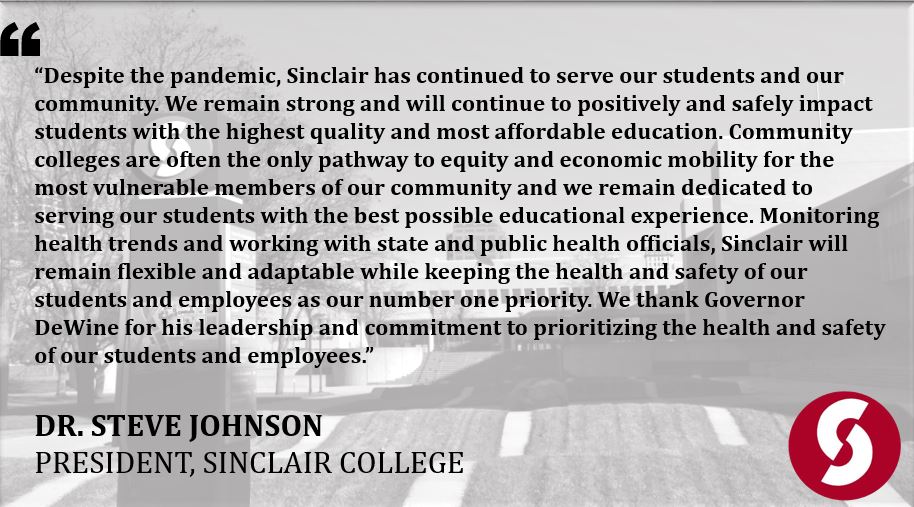 SinclairCC's tweet photo. Statement from Sinclair College President, Dr. Steve Johnson expressing thanks and support for the #RestartOhio guidelines for higher education outlined today. @GovMikeDeWine @LtGovHusted. https://t.co/L7F4Yya5sW