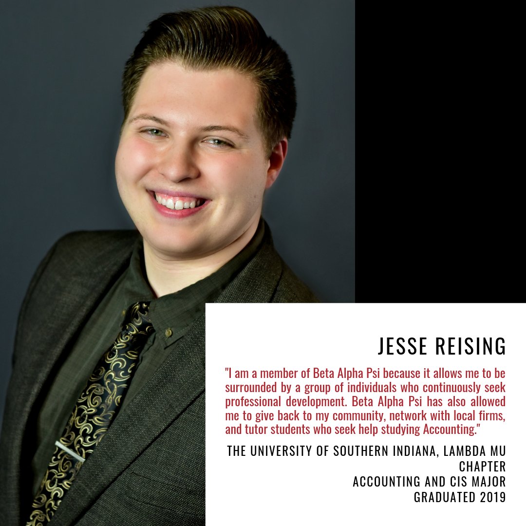 _BetaAlphaPsi's tweet photo. Throughout the year we will be spotlighting some of our Beta Alpha Psi student members! Today we are spotlighting Jesse Reising. Be sure to follow along with #BAPStudentSpotlight https://t.co/zDUzlEavYD