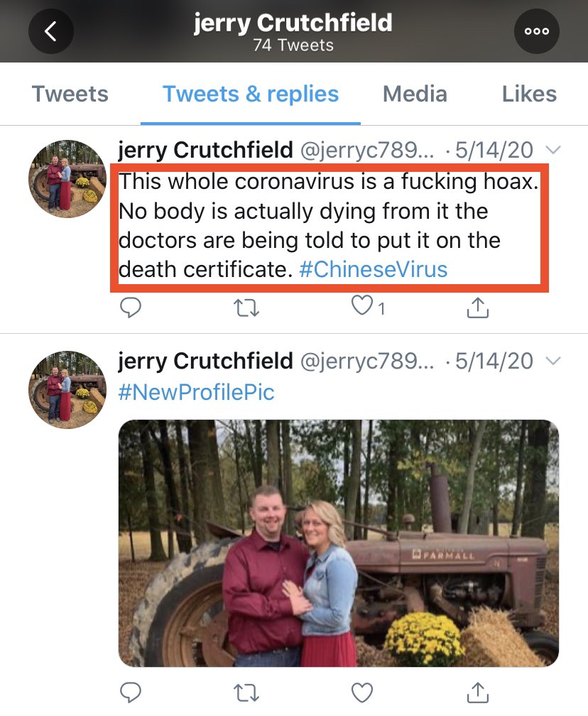 Jerry Crutchfield has posted Alex Jones info wars videos and believe the  #coronavirus, which he calls the “Chinese virus” is a “f*cking hoax” that “nobody is actually dying from.”According to  @CecilCoHealth, Cecil County, Maryland has seen 37 people die from  #COVIDー19.