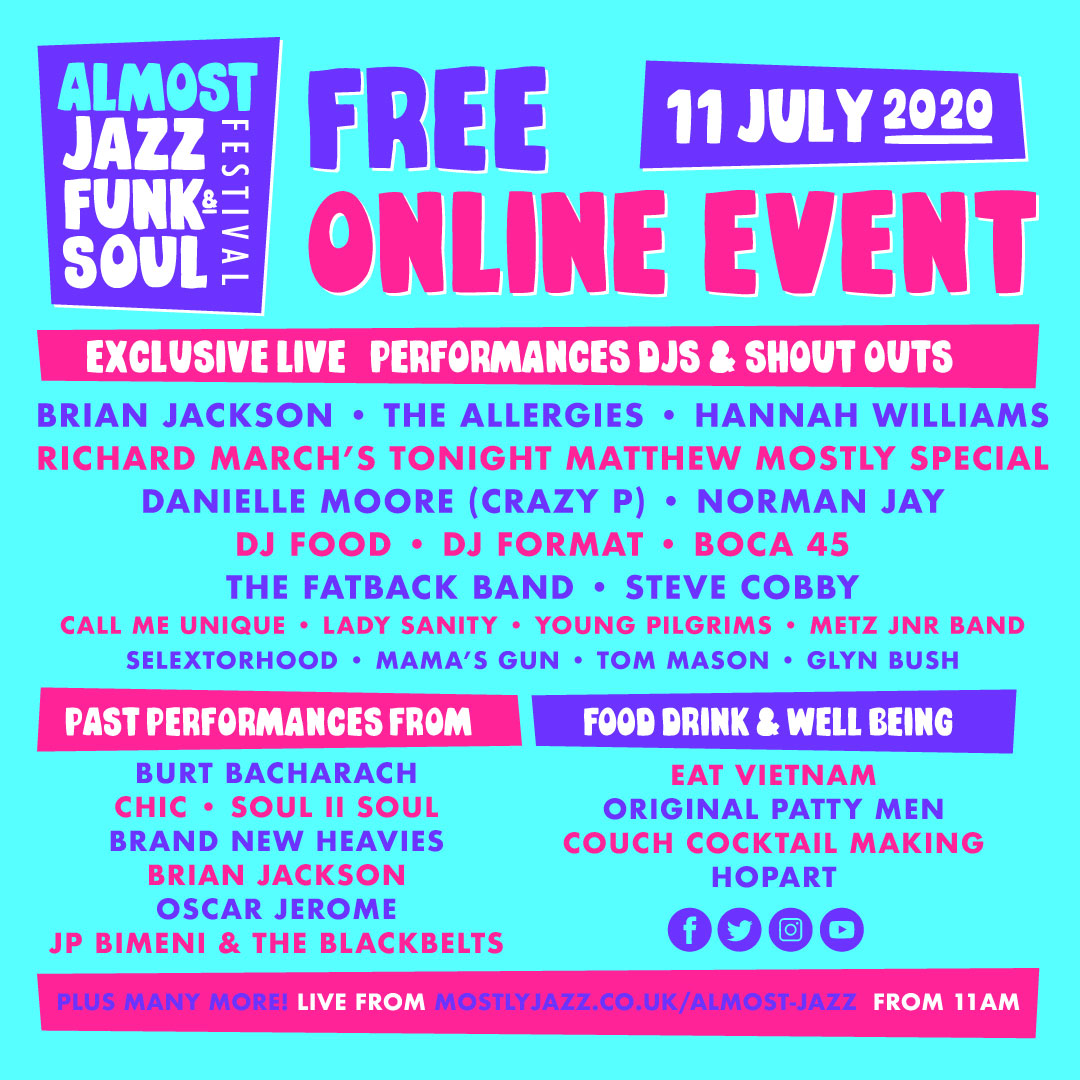 Our free online festival, Almost Jazz Funk &amp; Soul, will take place this Saturday. Delighted with the line up. You can order Food &amp; take part in Funky Flow Yoga.

Check out mostlyjazz.co.uk/almost-jazz/ for more details. See you Saturday!