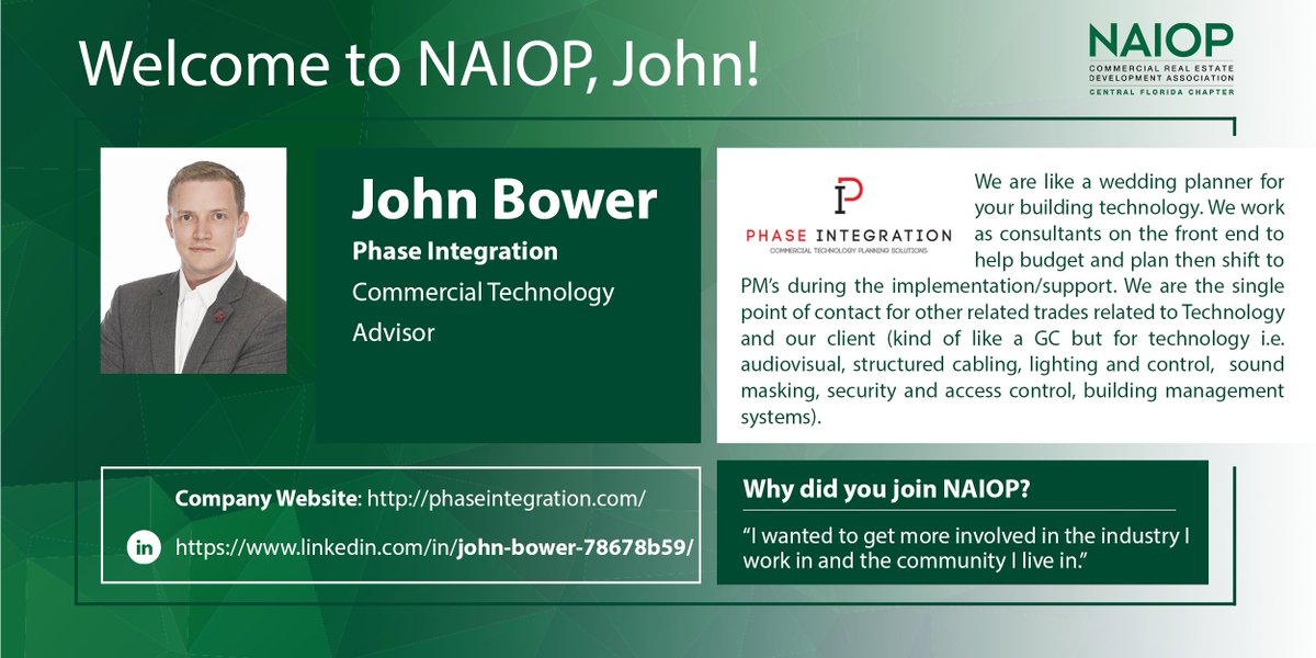 Welcome our new member, John Bower, to NAIOP Central Florida!

#NAIOPCentralFlorida #CRE #CommercialRealEstate #NAIOP