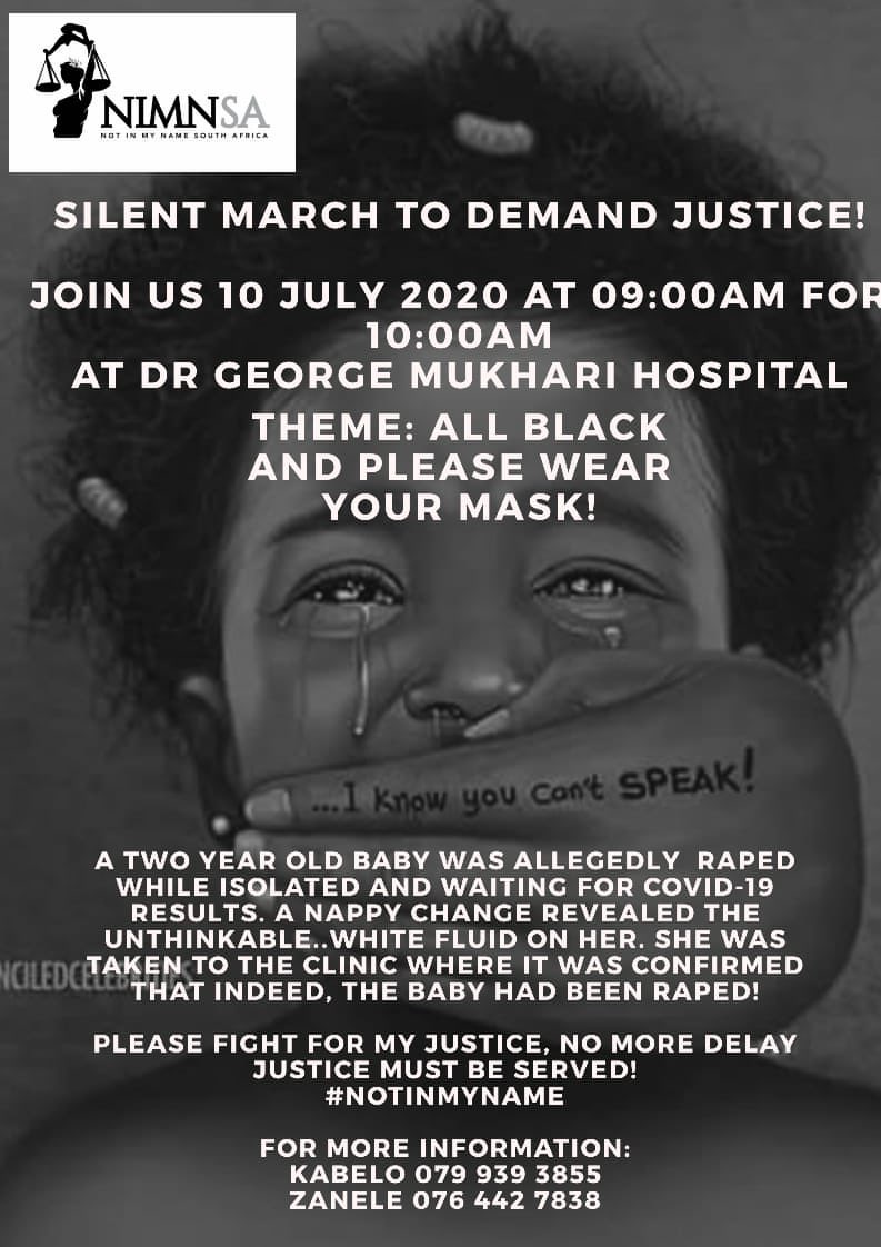Patrweezy's tweet photo. #NotInMyNameSA to seek answers following a 2-year-old girl who was allegedly raped while in a COVID-19 isolation ward. The pressure group plans to stage a picket outside the #GeorgeMukhari hospital in Pretoria #sabcnews https://t.co/c6bxIsHOJZ