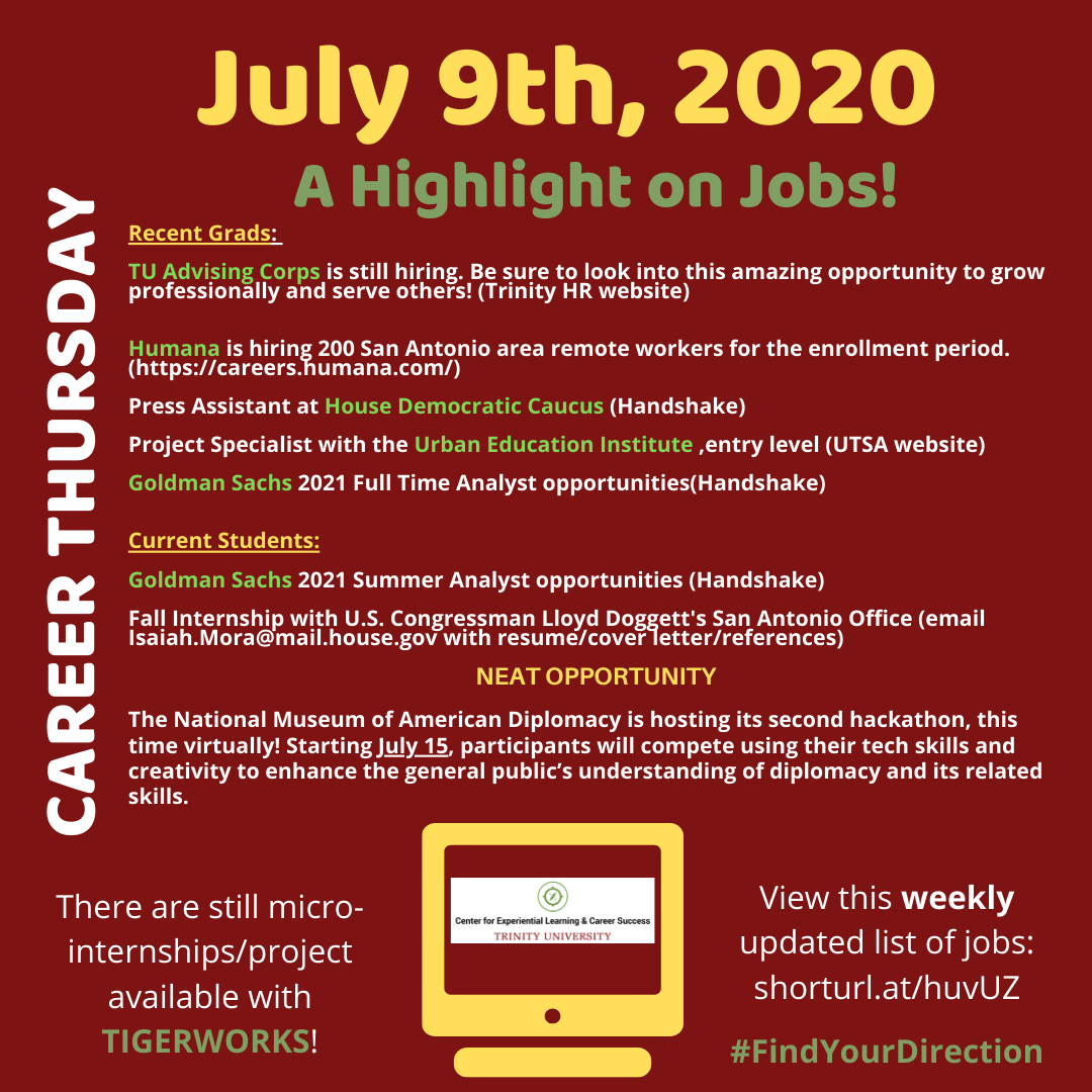 TrinityCELCS's tweet photo. So many opportunities, they all look mighty fine! Recent grads, check out these jobs! Still at TU, there are some options for you to look at as well! The link for the hackathon is https://t.co/KKNOeFAin7 #FindYourDirection #GetYourPosition https://t.co/PJU6oBcwWk