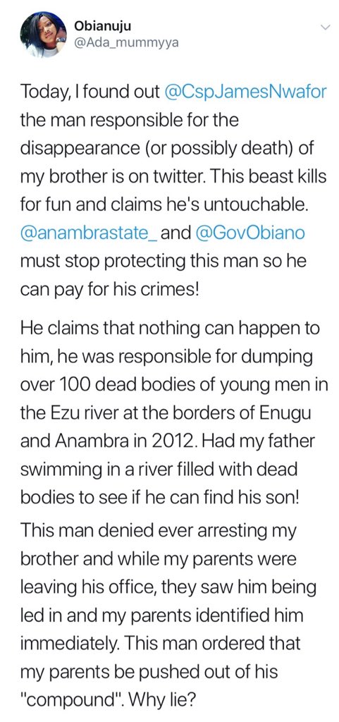 UPDATE ON ALLEGED TORTURE AND MURDER BY CSP JAMES NWAFOR: 
The attention of @NhrcNigeria was brought to a painful report by a twitter user, of the alleged torture and murder of her Brother by CP James Nwafor who led the Awkuzu SARS division in Anambara State. #NigerianLivesMatter