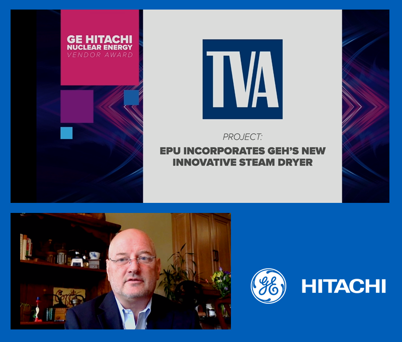 gvhnuclear's tweet photo. .@NEI Top Innovative Practice Awards: GEH President & CEO @jtwileman is proud to announce @TVAnews as winner of the GE Hitachi Vendor Award. GEH supported TVA with steam dryer replacement at Browns Ferry. #TipAwards https://t.co/VgP3WYzAur
