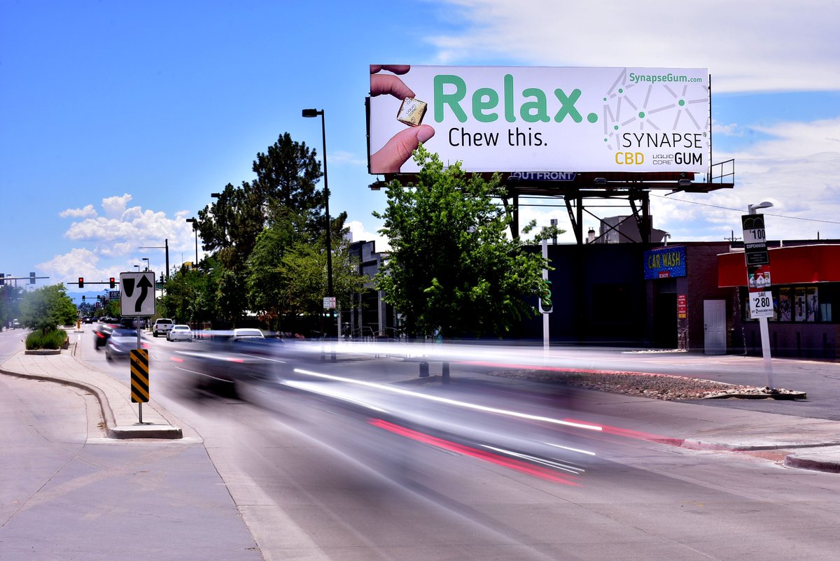 synapsegum's tweet photo. Another one of our Mile High City OOH placements by @OUTFRONTMEDIAUS.  Great pic!  This one is not far from our friends at @goodvibemafia (where Synapse is available for purchase).  #CBD #CognitiveBenefits https://t.co/Hql1QOkugs