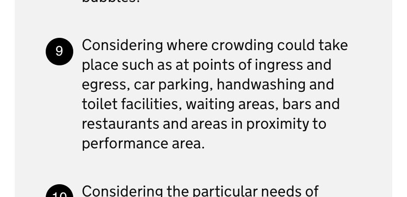 ‘Considering where crowding [of audience members] could take place, such as at toilet facilities.’LUCKILY this one isn’t a problem as we know nobody has had to queue for the toilets at a performance ever.