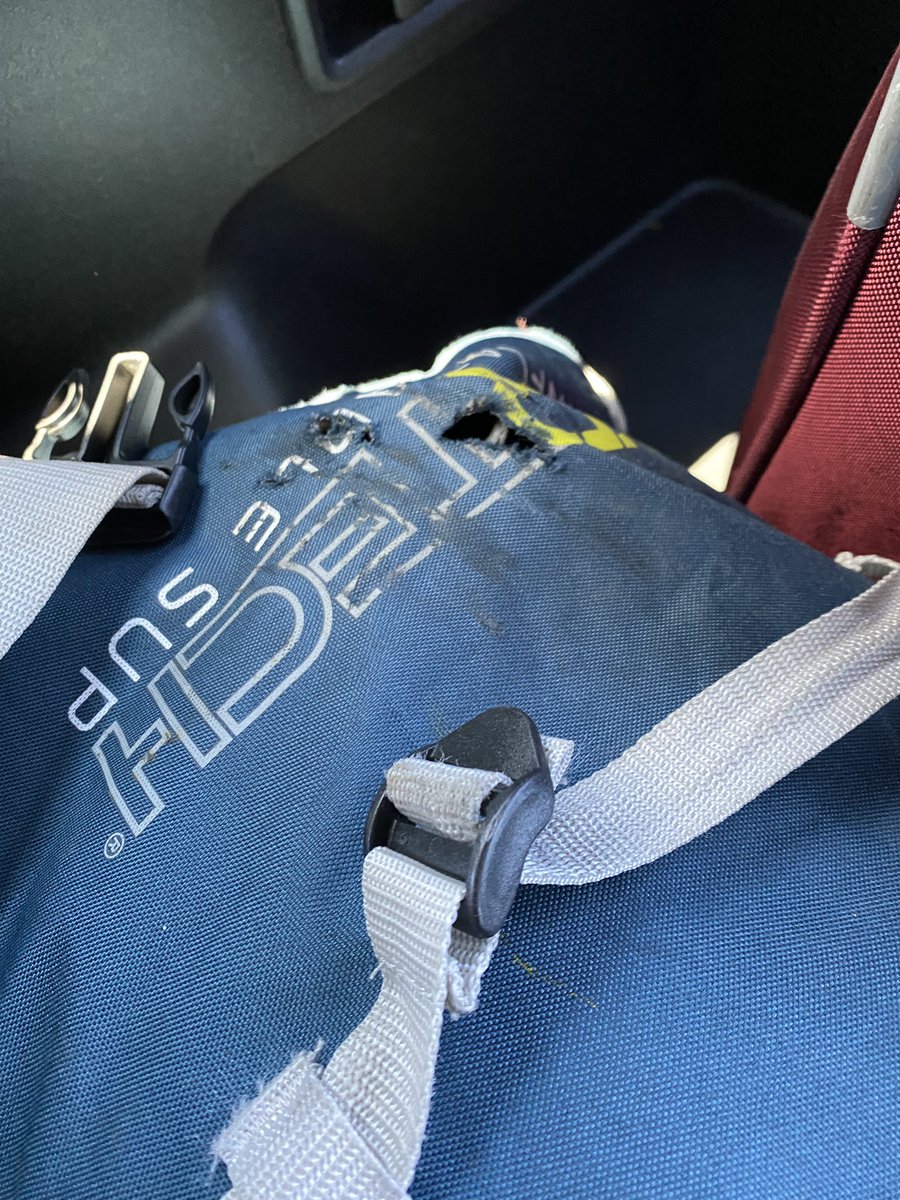 KBiggers23's tweet photo. My brand new bag got wrecked by American Airlines traveling home to Tahoe from Boston. If you’re traveling with your Isle Sup, I suggest putting it in a plastic bag. Crazy! 🤯😭 Also, American has the worst customer service. Good luck. #americanairlines @AmericanAir https://t.co/EiRUFks8BG