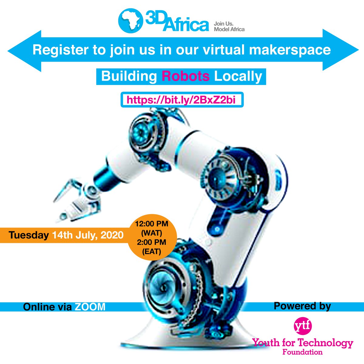 3D_Africa's tweet photo. It's been a few weeks since we've been in our #virtualmakerspace. Join us on July 14th to learn about all things #robots! Pre-registration is a must, so don't wait:

https://t.co/ubEwAoZh2A

#QuarantineandBuild #makersgonnamake #4IR https://t.co/0xWORk4aiK