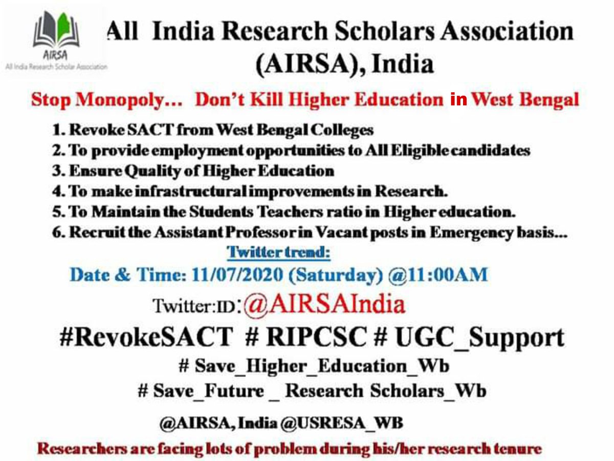 usresa_wb's tweet image. Dear all Research Scholars and Higher education aspirants,
@usresa_wb and @AIRSAIndia welcome all of you to join with us  on 11July, 11.00 am onwards to fight against SACT &amp;amp; save Higher Education in WB by trending our legitimate demands nationwide #RevokeSACT #RIPCSC #UGC_Support