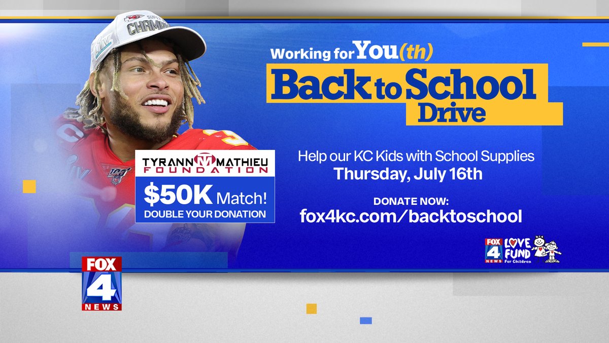 Thank you <a href="/Mathieu_Era/">Tyrann Mathieu</a>! Chiefs Tyrann Mathieu is matching donations to the Working for Youth Back to School Drive, up to $50,000! 

Help the <a href="/LoveFund4Kids/">Love Fund for Children</a> raise the money to send 40,000 kids back to school with a mask and supplies by donating at fox4kc.com/backtoschool
