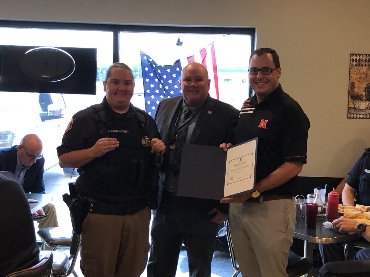 wjm858's tweet photo. Congratualtions @SarpySheriff Dep Herlacher for work with #mentalhealth and Lead Dispatcher Clare Severn for work on 3 water rescues last month, being honored by Gretna Optimists #RespectforLaw #integrity #service Sen Andrew La Grone MC https://t.co/9Nwl1siEUp