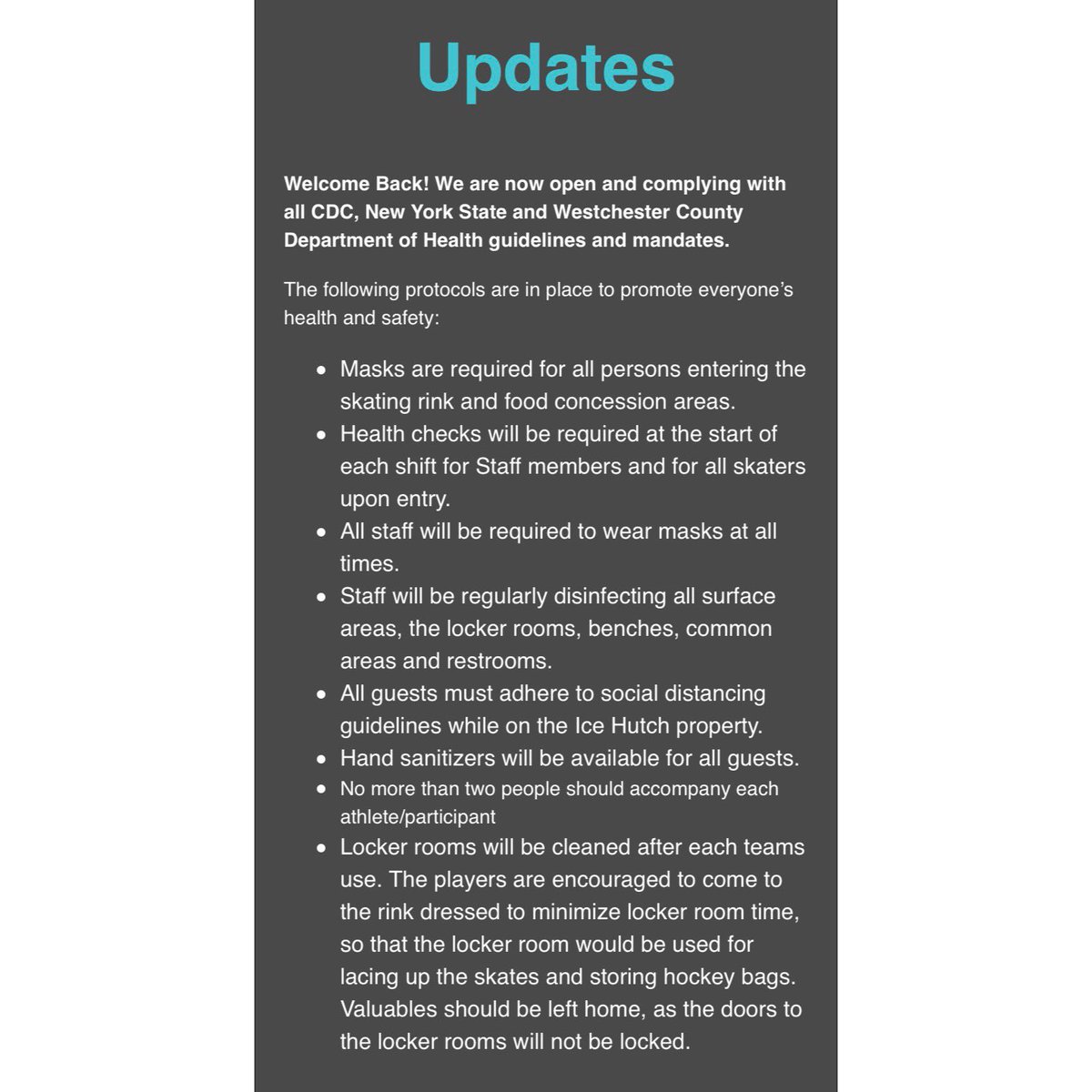 Here are the guidelines that we and our patrons will be following. They are located on our website and we will continue updating it whenever new guidelines and regulations come about. Please stay safe.