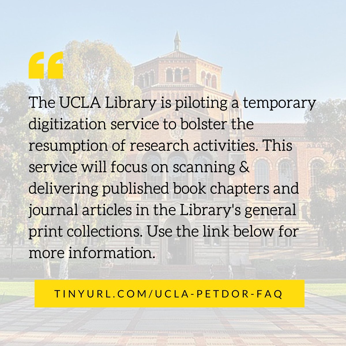 uclaGSA's tweet image. The University Library will be providing a temporary digitization service for published book chapters and journal articles in the Library's print collections. Learn more about the Pilot Emergency Temporary Digitization on Request Service (PETDOR): tinyurl.com/ucla-petdor-faq