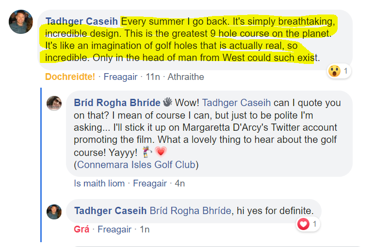 MaverickIslandr's tweet photo. Some birdie of a review just in on the Connemara Isles Gold Course! Check it out! First the golf course, then the film! Thank you Tadhger Caseih (nice name Tadhger!) 💗🏌️‍♀️
"A Maverick Islander" Galway Film Fleadh, 12 July, 2020 https://t.co/NxxcPFQMx0