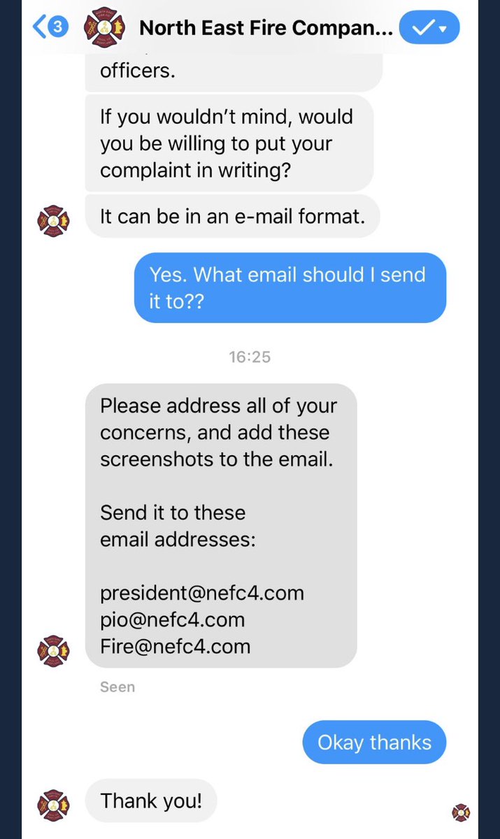 North East Fire Company provided email addresses for complaints: