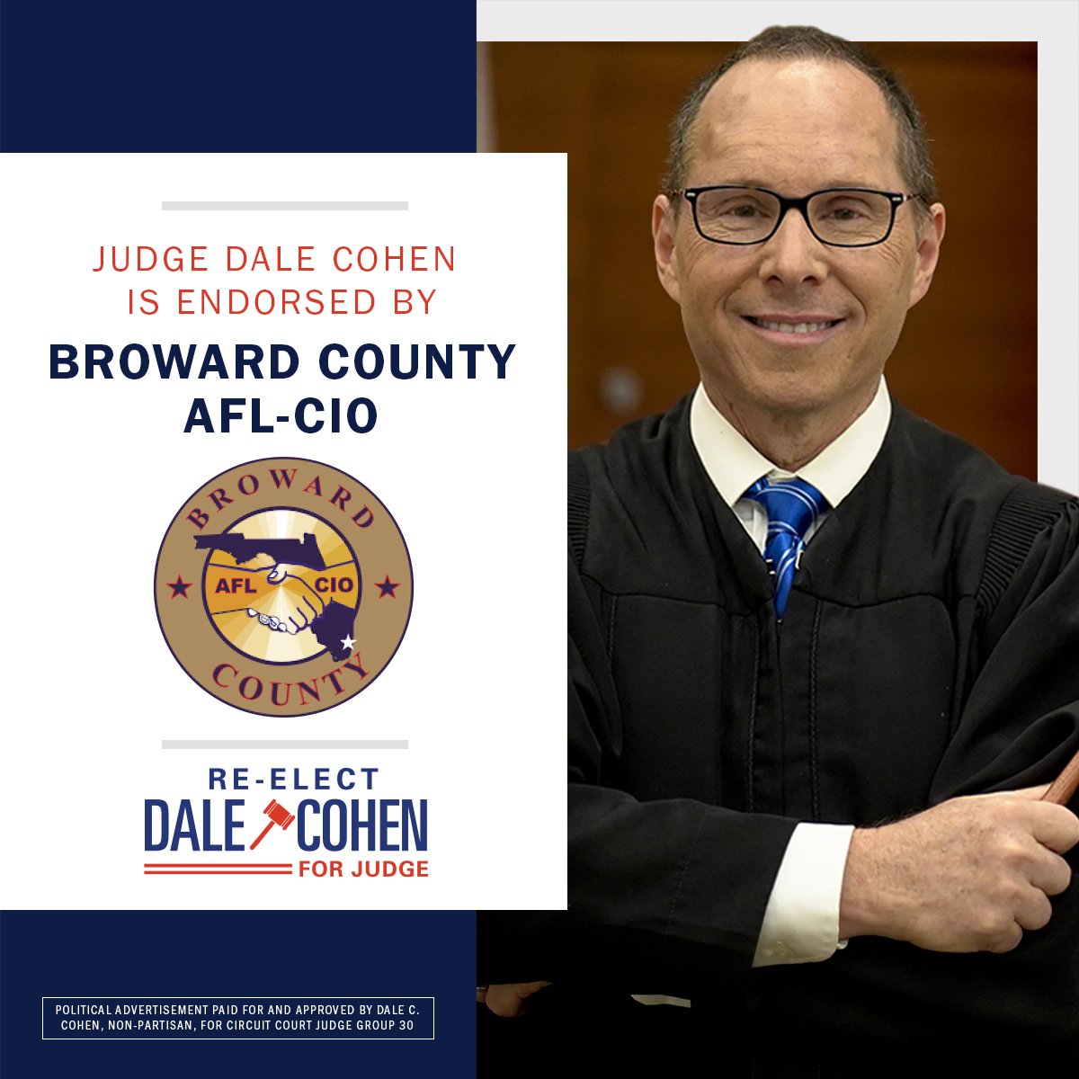 JudgeDaleCohen's tweet photo. Judge Dale Cohen received another huge endorsement this week from the Broward County AFL-CIO! We appreciate the hard work from teachers and employees that make up the AFL-CIO, and Judge Cohen is honored to have their support. https://t.co/QQNHiZs2Nr