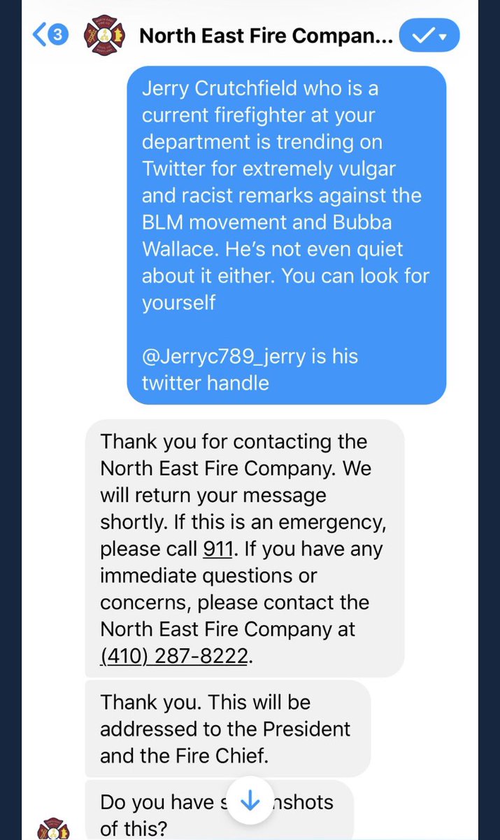 Before they locked the account, North East Fire Company was informed about Jerry Crutchfield’s posts. Here is their initial response: