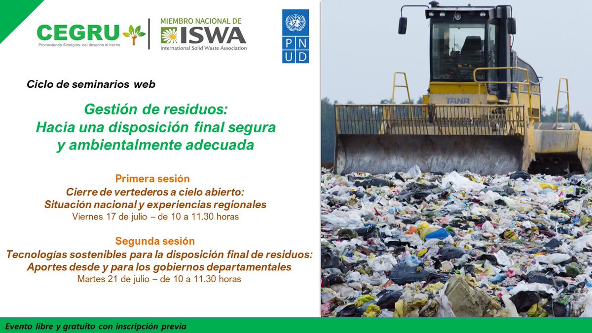 📣Ciclo de seminarios web sobre disposición final de residuos organizado por CEGRU y PNUD. 
Viernes 17 y martes 21 de julio a las 10:00. 
Evento libre con inscripción previa. 
Anotate! forms.gle/8MoyQWEf6bvEpD…