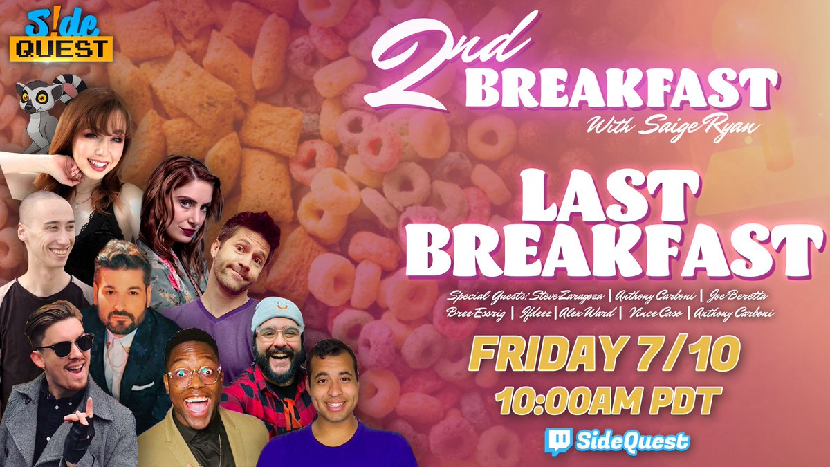 SideQuestLive's tweet image. Let’s all gather around the kitchen sink and pour out our soggy cereal because tomorrow is the last 2nd breakfast. 

You’re not gonna want to miss this epic send off with @IfyNwadiwe @stevezaragoza @BreeEssrig @NotSaige @AlexWard777 @NucciKabucci @joebereta @vincecaso @acarboni !