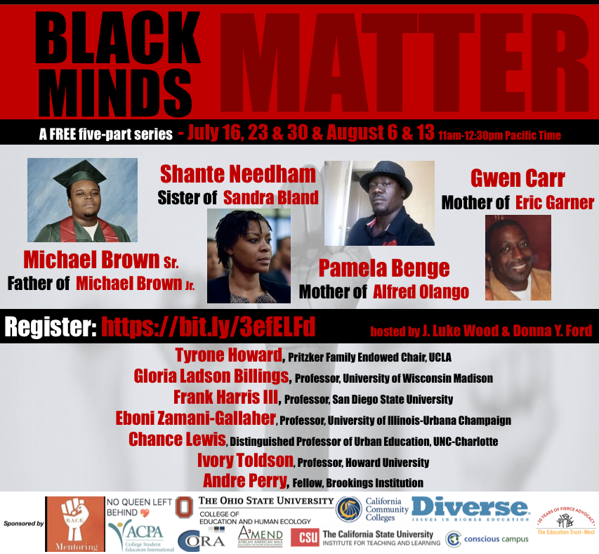 DrLukeWood's tweet image. REGISTER NOW! Black Minds Matter will draw comparisons between the policing of Black lives and the schooling of Black minds. We are honored to have the following guest speakers for the series.Series begins July 16. Register: bit.ly/3efELFd

#BlackMindsMatter
