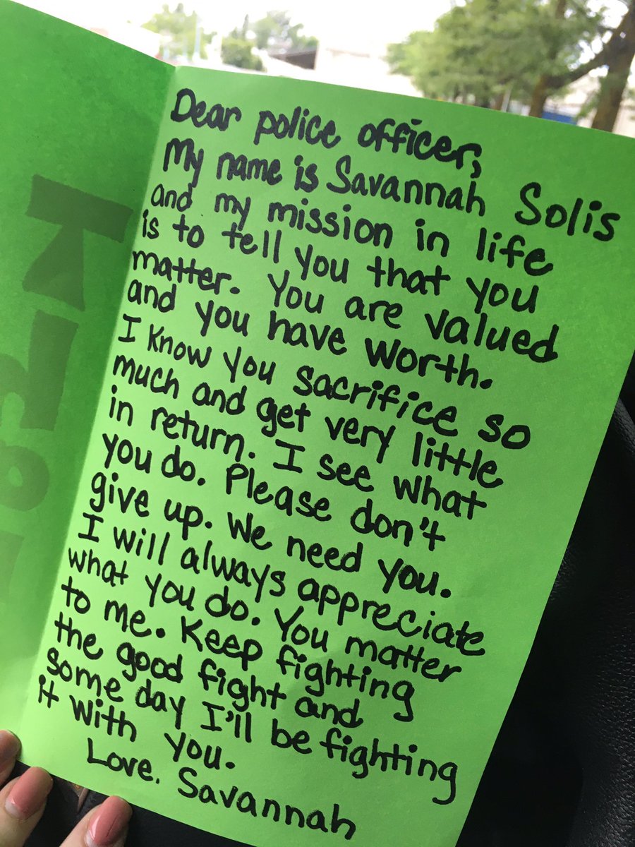 We met this #amazing young lady today, @SavannahSaysThanks , a 15 year old who has spent a THIRD of her life thanking police officers across the globe. Today she stopped in <a href="/SpokanePD/">Spokane Police</a> #SavannahChallenge #SavannahSolic #mademyday