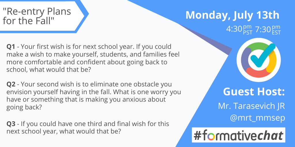 goformative's tweet photo. After a week's hiatus due to the holiday, #formativechat is BACK this Monday!

Join @mrt_mmsep at 6:30pm Central to chat about your 3 wishes for re-entry plans for the fall! 🧞

#goformative #distancelearning #remotelearning #virtuallearning #blendedlearning #edchat #edtech https://t.co/I2ImFDe9f2