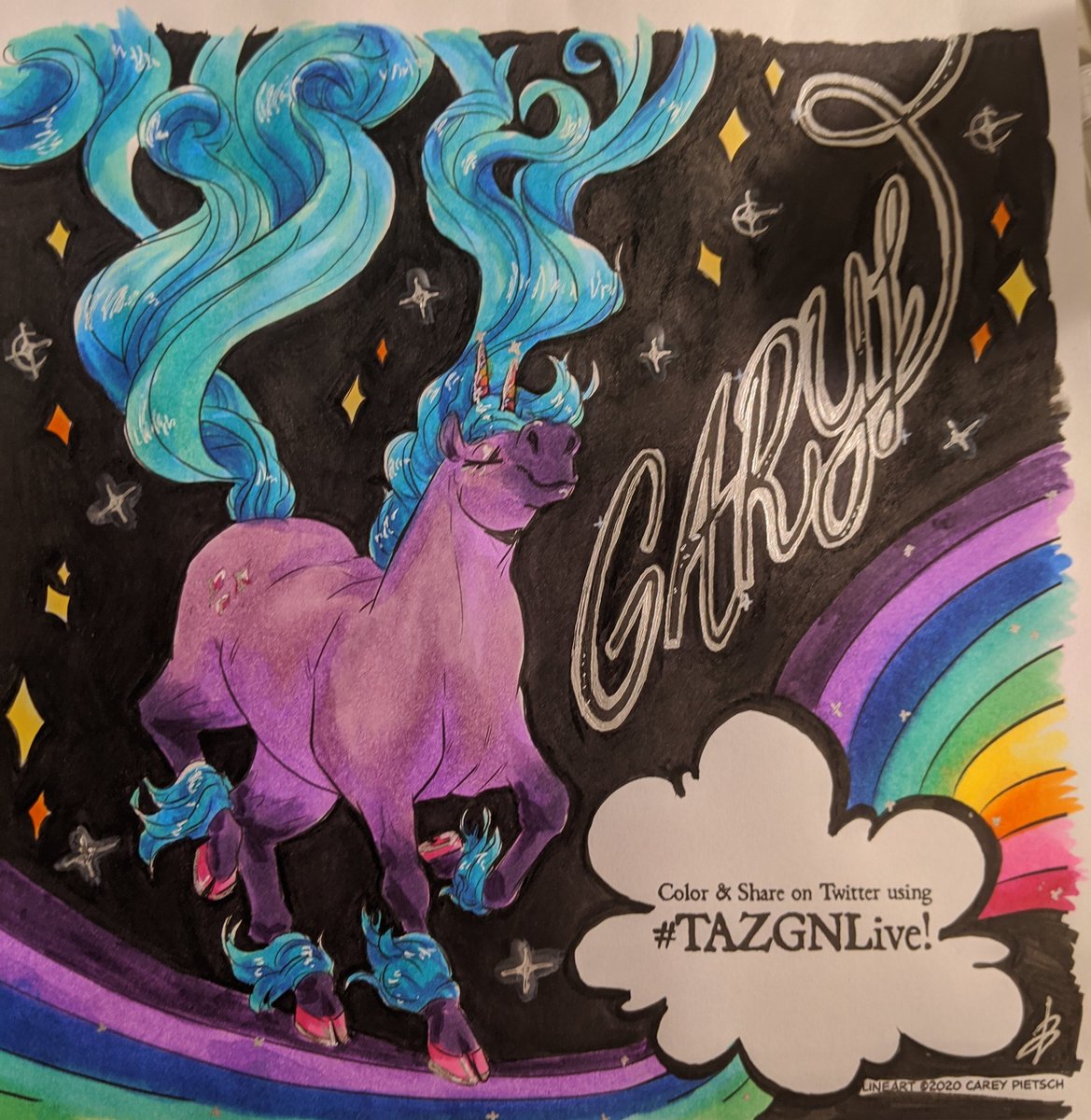 jara_b_sewing's tweet photo. Okay but this was so much fun to do. Channel that inner Lisa Frank to color this amazing #Garyl art. And ofc I broke out the silver gel pen. #TAZGNLive @TheZoneCast https://t.co/nasXRAk0p0