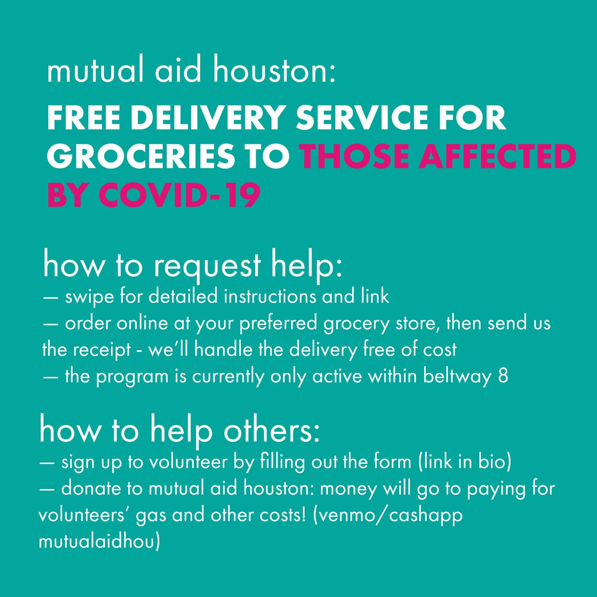 mutualaidhou's tweet image. We're launching a free grocery delivery service for those affected by COVID-19 (including if you're worried about exposure)! Swipe for detailed instructions on how to sign up with the link in bio OR help out by volunteering and/or donating! ✨