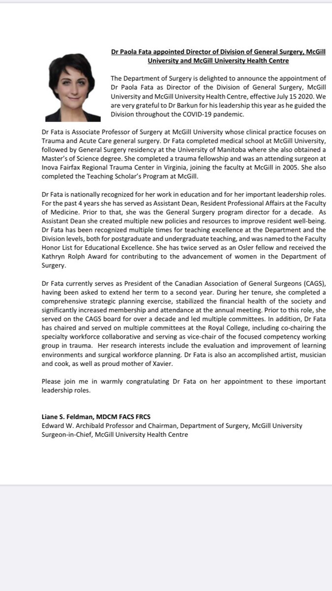 Liane Feldman MD (@lianefeldman) on Twitter photo Congratulations <a href="/paola_fata/">paola fata</a> new chief of the McGill division of General Surgery. Excited to work with you! <a href="/McGillGenSurg/">McGill General Surgery</a> <a href="/McGillMed/">McGill Medicine and Health Sciences</a> <a href="/CAGS_ACCG/">Cdn General Surgeons</a> Congratulations <a href="/paola_fata/">paola fata</a> new chief of the McGill division of General Surgery. Excited to work with you! <a href="/McGillGenSurg/">McGill General Surgery</a> <a href="/McGillMed/">McGill Medicine and Health Sciences</a> <a href="/CAGS_ACCG/">Cdn General Surgeons</a>
