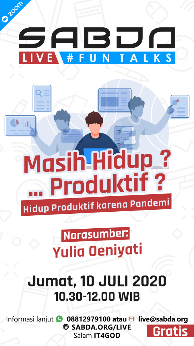 sabda_ylsa's tweet photo. Bagaimana kehidupan Anda selama pandemi? Apakah berjalan dgn baik, lebih produktif, atau malah sebaliknya? Mari belajar bersama untuk hidup produktif, bahkan selama pandemi yg akan dibawakan oleh Ibu Yulia Oeniyati.

#SABDALive
#produktif
#newnormal
#Funtalks
#IT4God
#YLSA https://t.co/hGgtnYUqIM