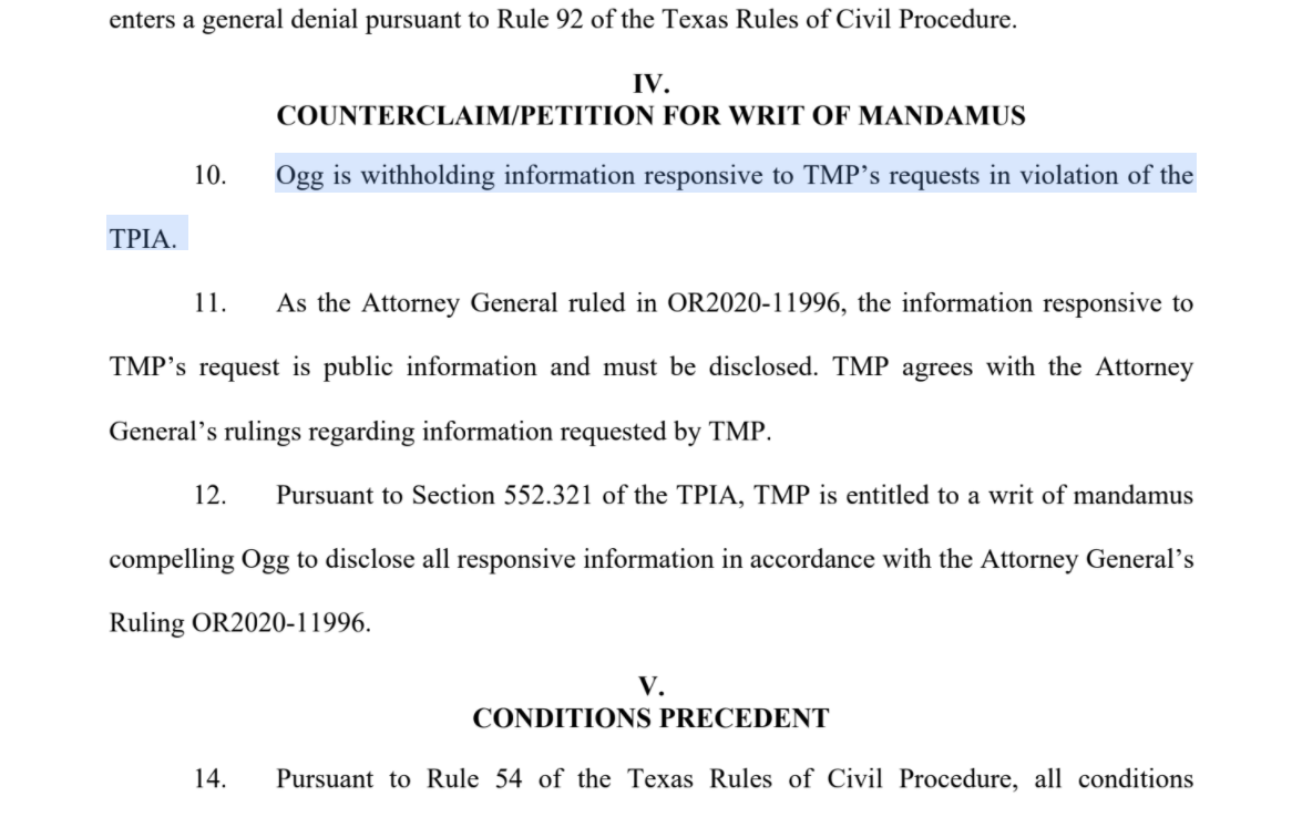 keribla's tweet photo. When @HarrisCountyDAO did not want to give me records of weekly media reports, the AG told her office they had to. So she sued the AG.

We at @MarshallProj have now filed counterclaim to get them bc apparently "motion to butt in and get these goddamn records" is not a legal term. https://t.co/itexWlvZBf