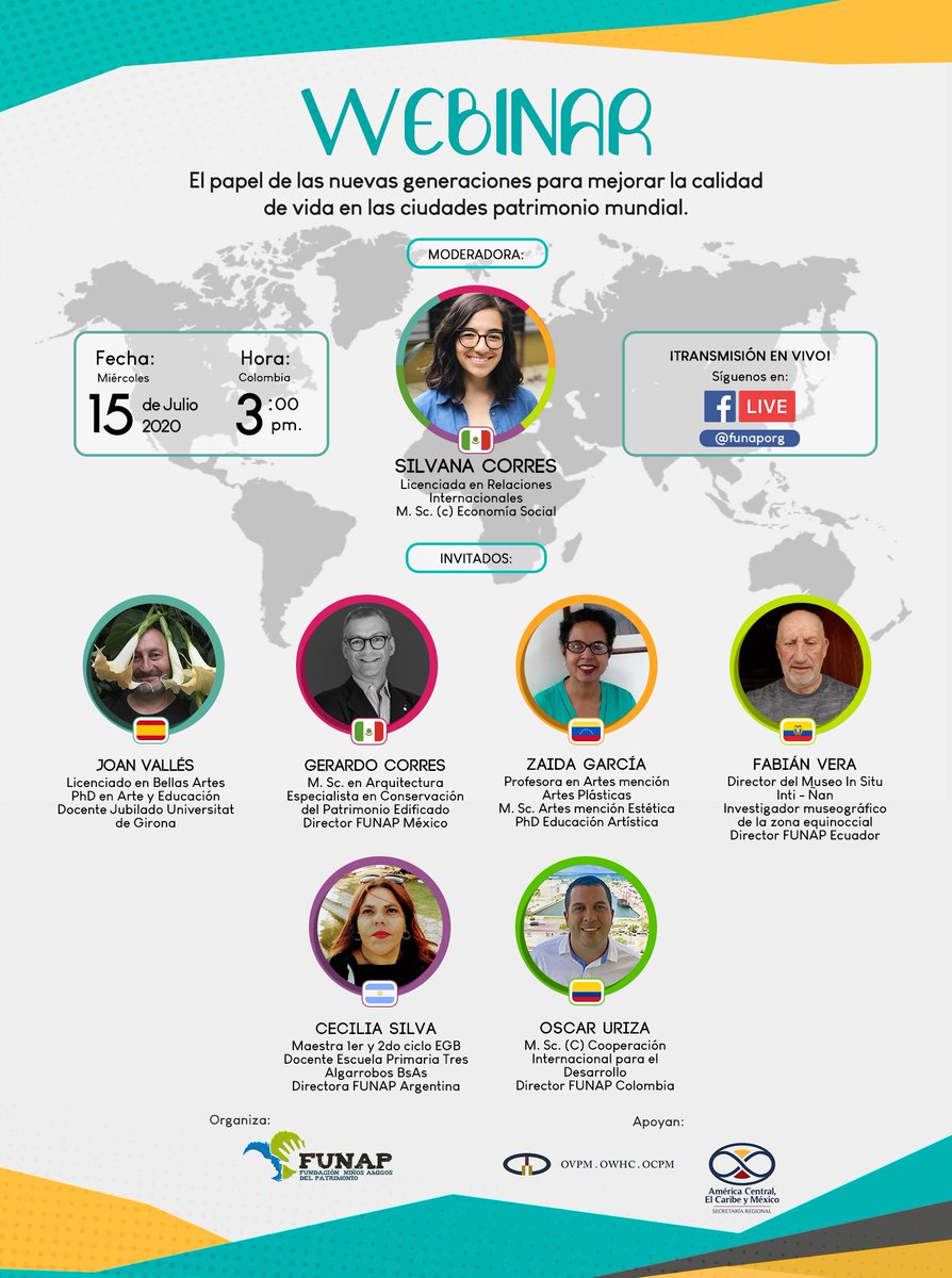 FUNAPorg's tweet photo. No te pierdas el Webinar Internacional 🇪🇸 🇲🇽 🇻🇪 🇪🇨 🇦🇷 🇨🇴 

”El papel de las nuevas generaciones para mejorar la calidad de vida en las ciudades patrimonio mundial”

🗓 Miércoles 15 de Julio 
⏰  3:00 pm hora Colombia

📡 Transmisión en vivo por Facebook Live de @FUNAPorg  💻📱🖥 https://t.co/N6wZkgvhIT